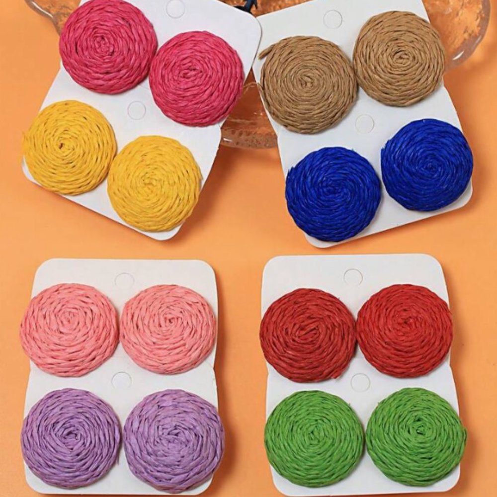 8 Pairs of Colorful Round Earrings Woven Raffia Straw